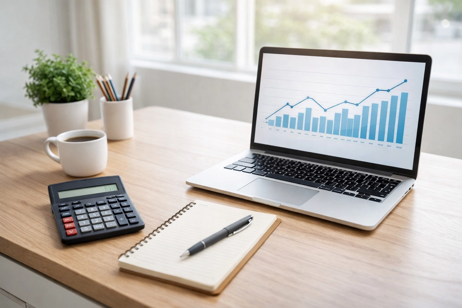 Resolve bookkeeping mistakes Laptop and calculator on desk